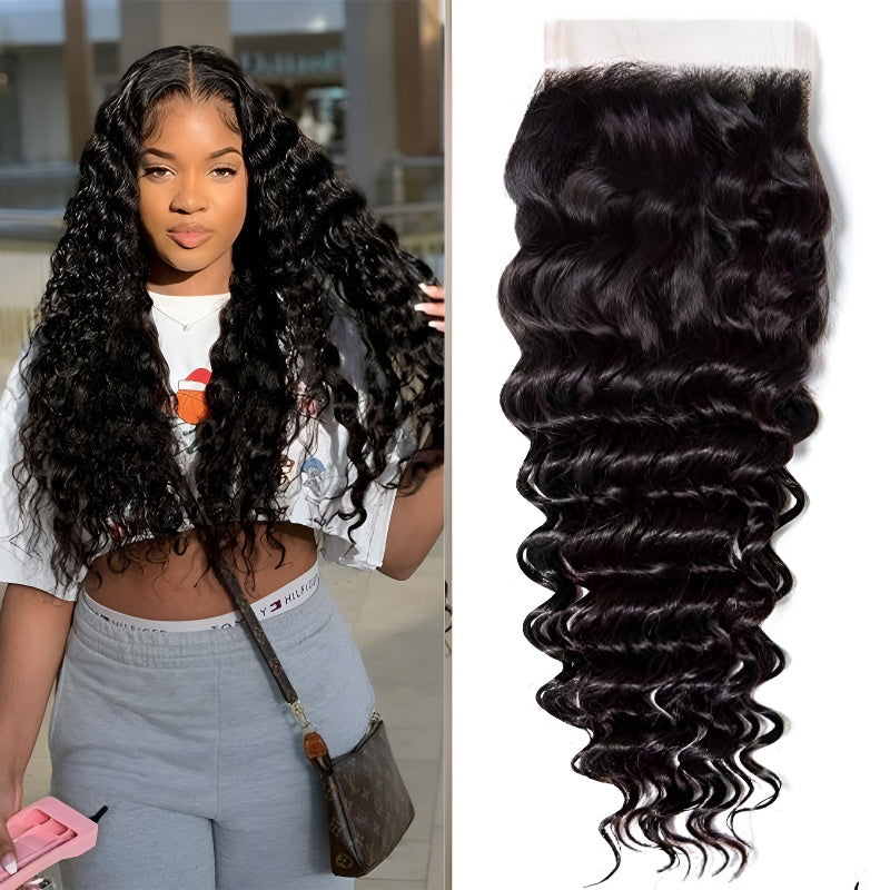 4*4 Deep Wave Transparent Lace Hair Block Curly Hair Full Real Hair