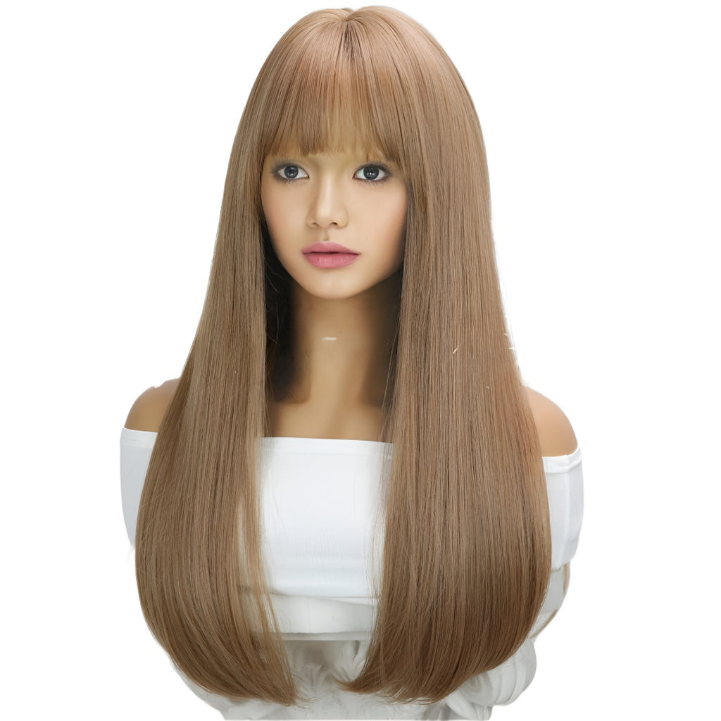 Hot-Selling Fashion Wig for Women with Bangs, Light Brown Long Straight Hair, High-Temperature Fiber Wig, Same-Day Delivery