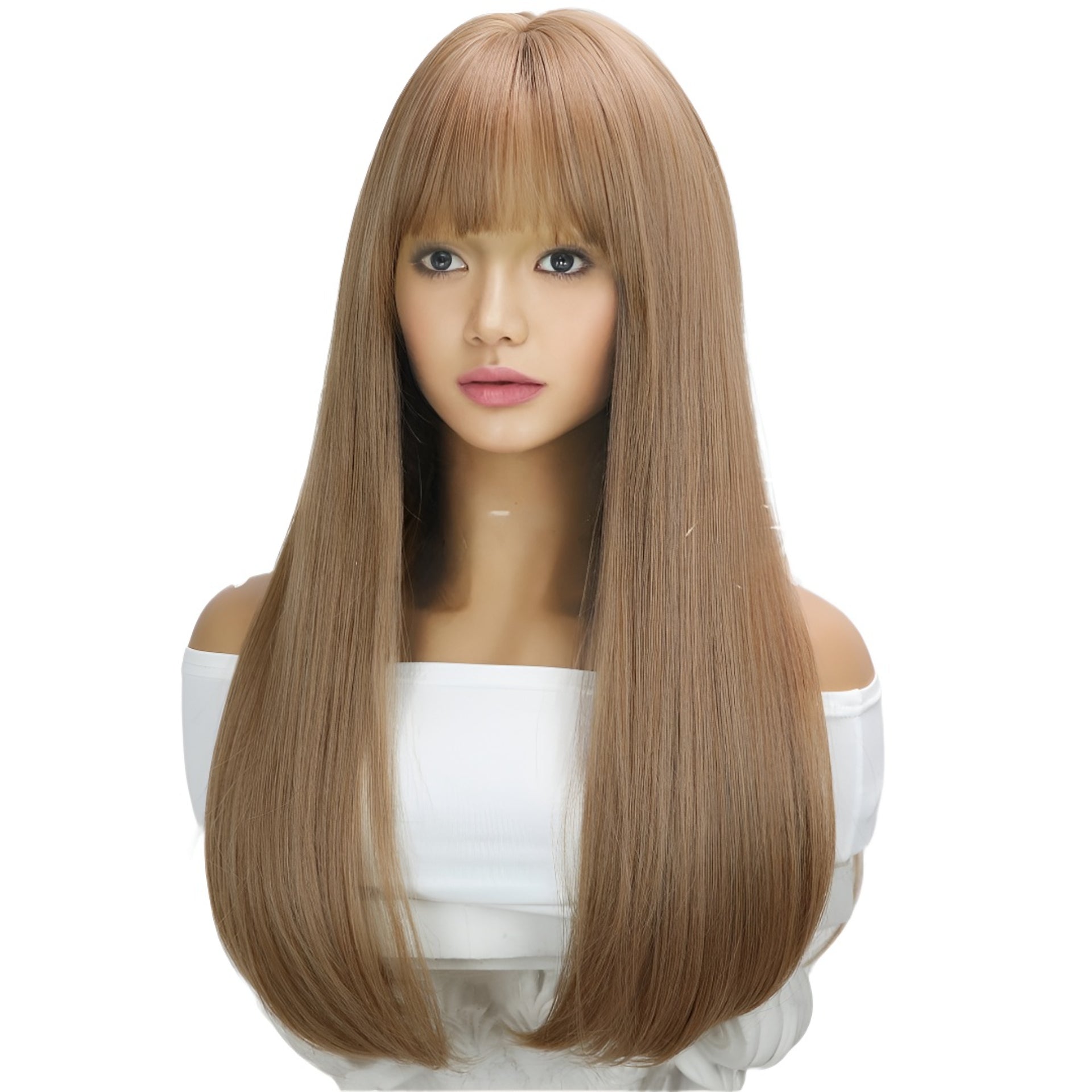 Hot-Selling Fashion Wig for Women with Bangs, Light Brown Long Straight Hair, High-Temperature Fiber Wig, Same-Day Delivery