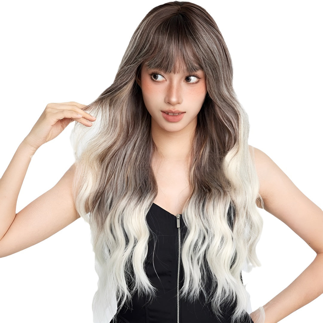 Women's Long Curly Wig Black Gray White Mixed Gradient Color Hot Style