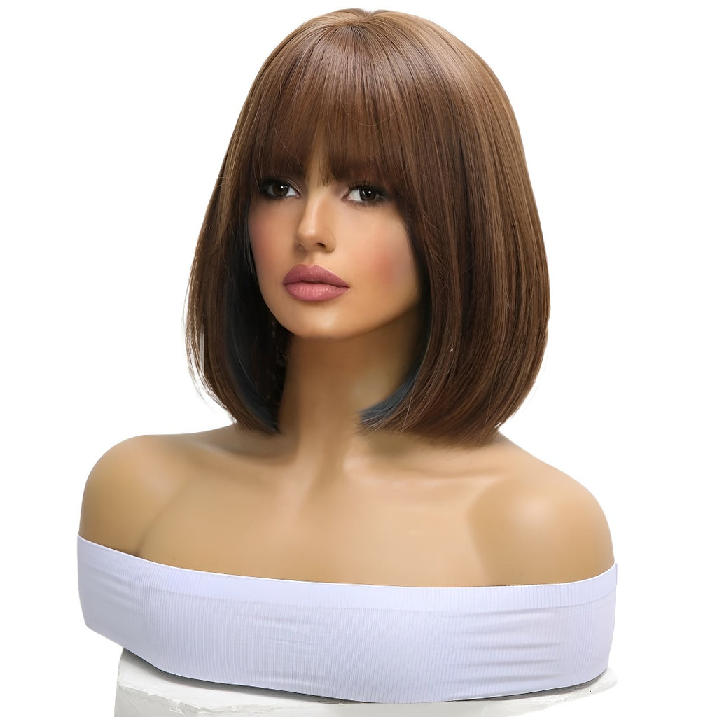 Women's Wig Elegant Black Short Hair with Blue Highlights and Ear-Drop Dyeing, Natural Bangs, Student Hair Quality