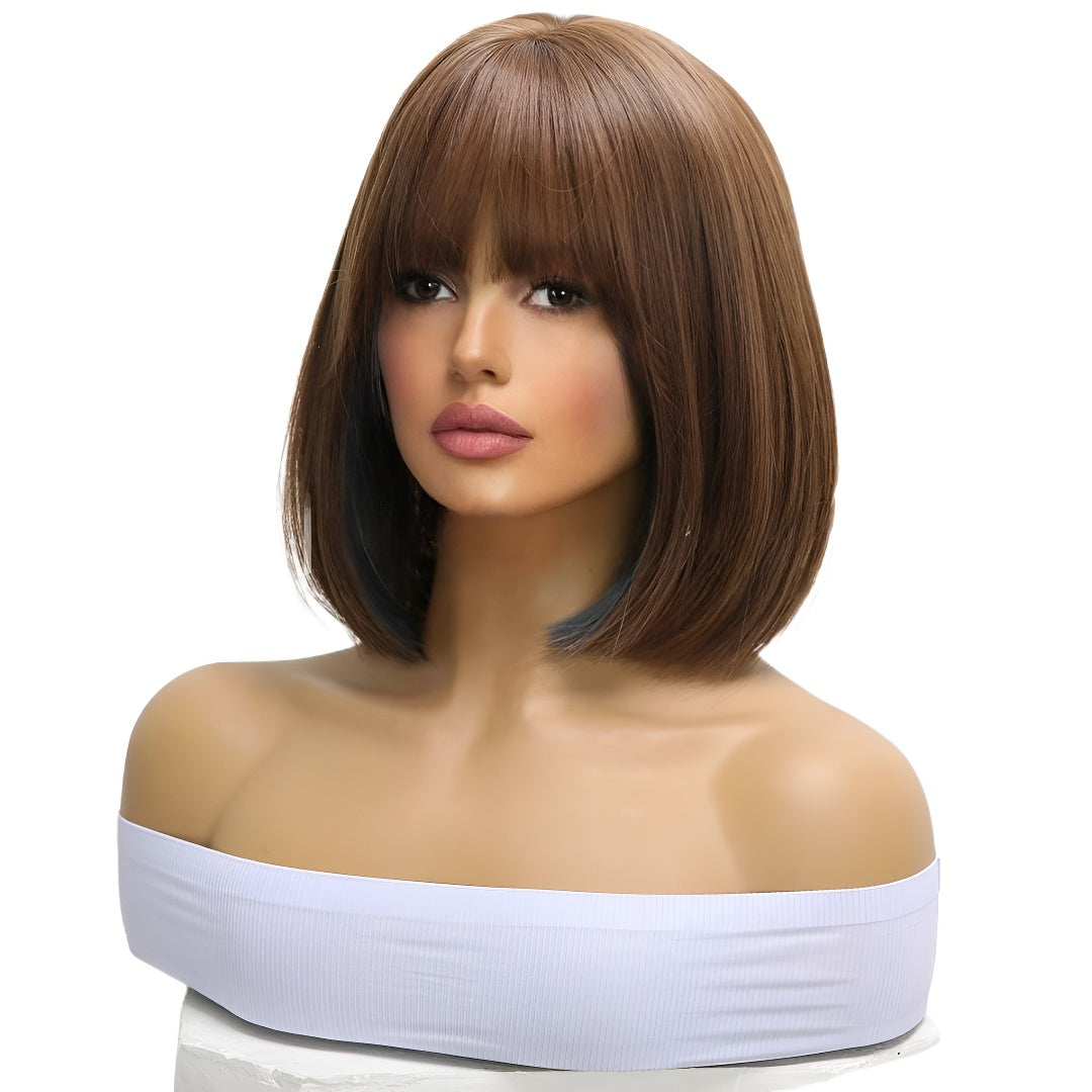 Women's Wig Elegant Black Short Hair with Blue Highlights and Ear-Drop Dyeing, Natural Bangs, Student Hair Quality