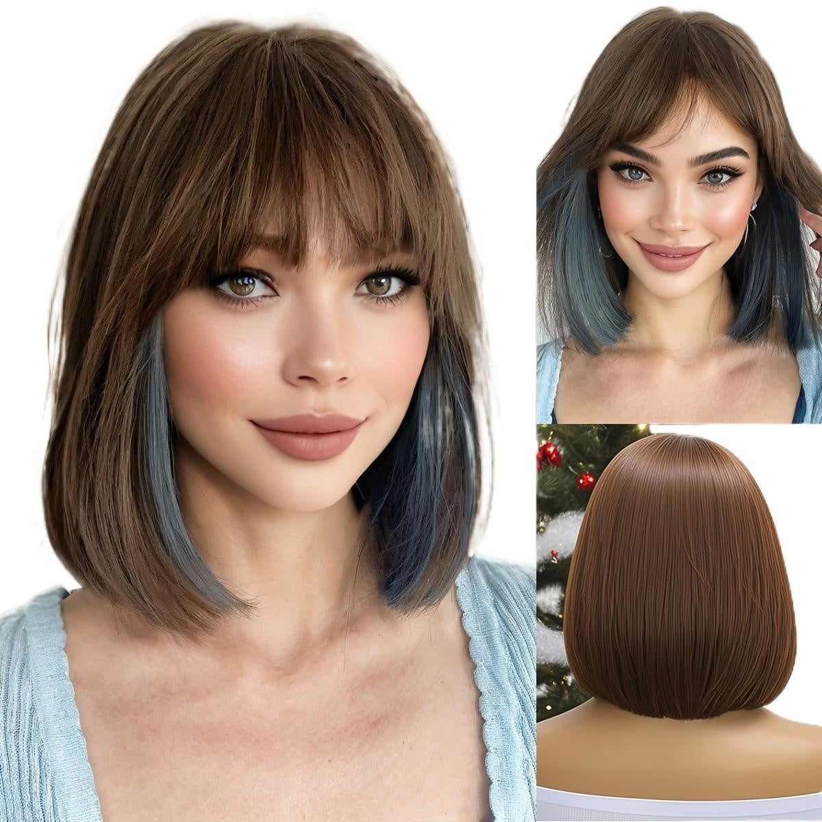 Women's Wig Elegant Black Short Hair with Blue Highlights and Ear-Drop Dyeing, Natural Bangs, Student Hair Quality