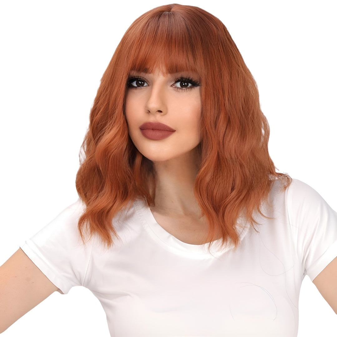 Brown Wig with Bangs for Women, Curly Hair, Air Bangs