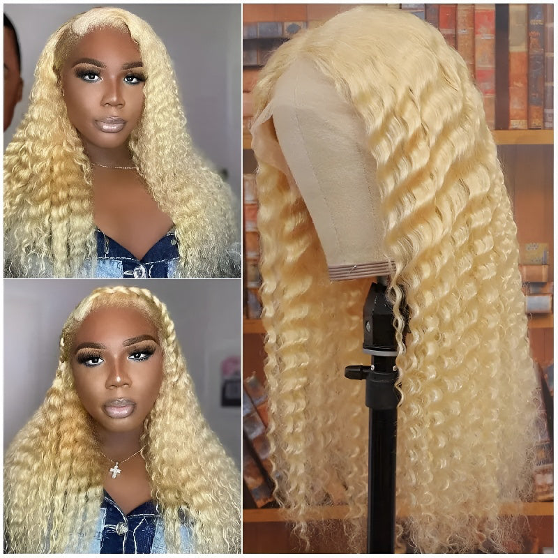 Front Lace Wig Women's Light Blonde Small Curly Wig Middle Part Fluffy Long Curly Wig Wig Set