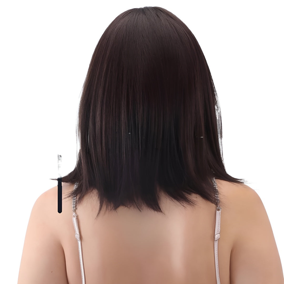 Hazelnut Warm Brown Wig 14inch Shoulder Length Bone Straight with Bangs Lazy Cushion Slight Curl