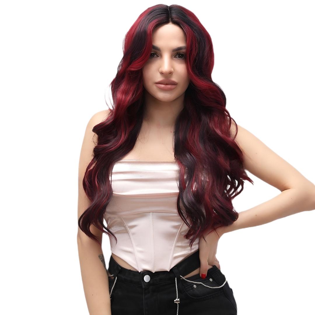 fashion wig T-shaped lace burgundy gradient wavy wig