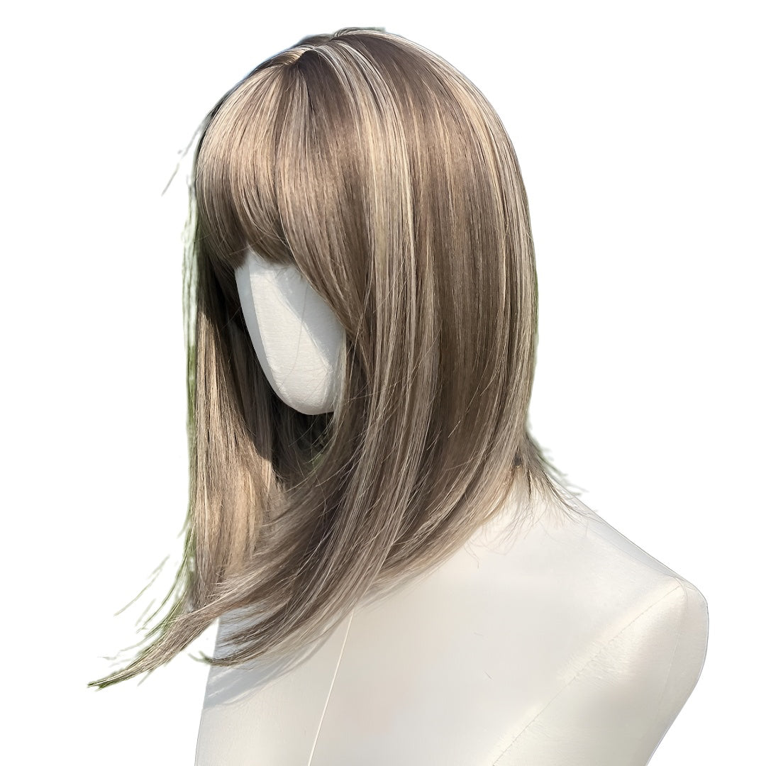New 12inch Honey Tea Flax Color Air Bangs High Women's Wig Cap