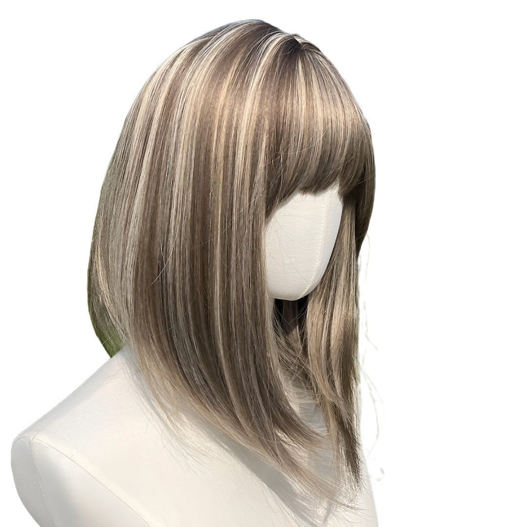 New 12inch Honey Tea Flax Color Air Bangs High Women's Wig Cap