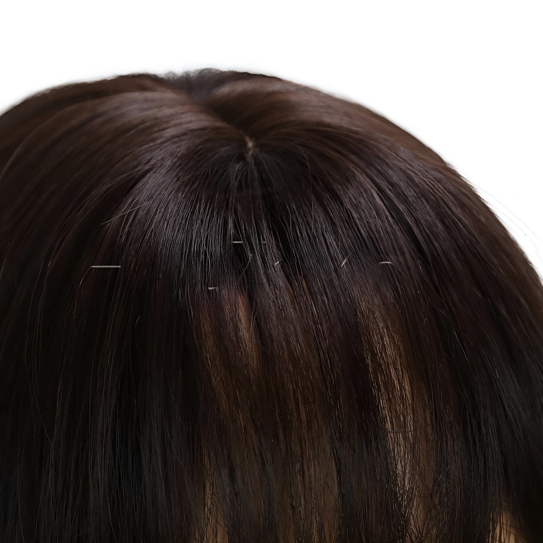Hazelnut Warm Brown Wig 14inch Shoulder Length Bone Straight with Bangs Lazy Cushion Slight Curl