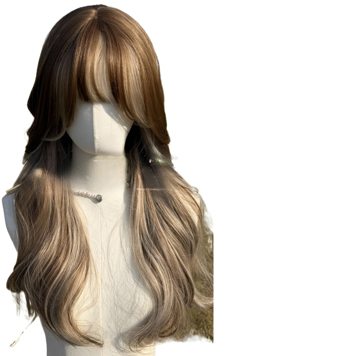 24inch Brown Blonde Highlights, with Bangs, Women's Wig, High-Temperature Fiber Wig, Voluminous and Dense