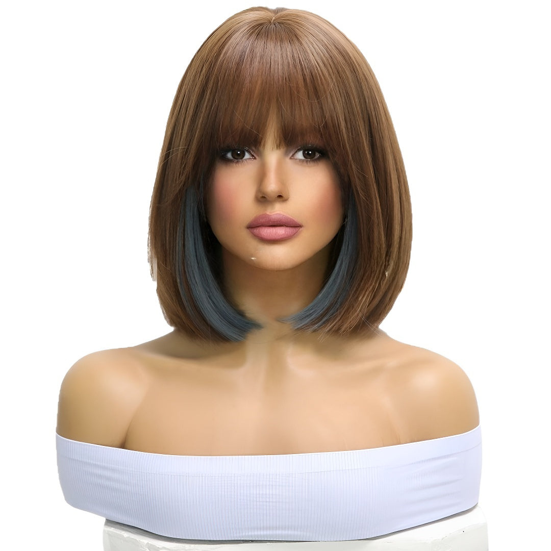 Women's Wig Elegant Black Short Hair with Blue Highlights and Ear-Drop Dyeing, Natural Bangs, Student Hair Quality