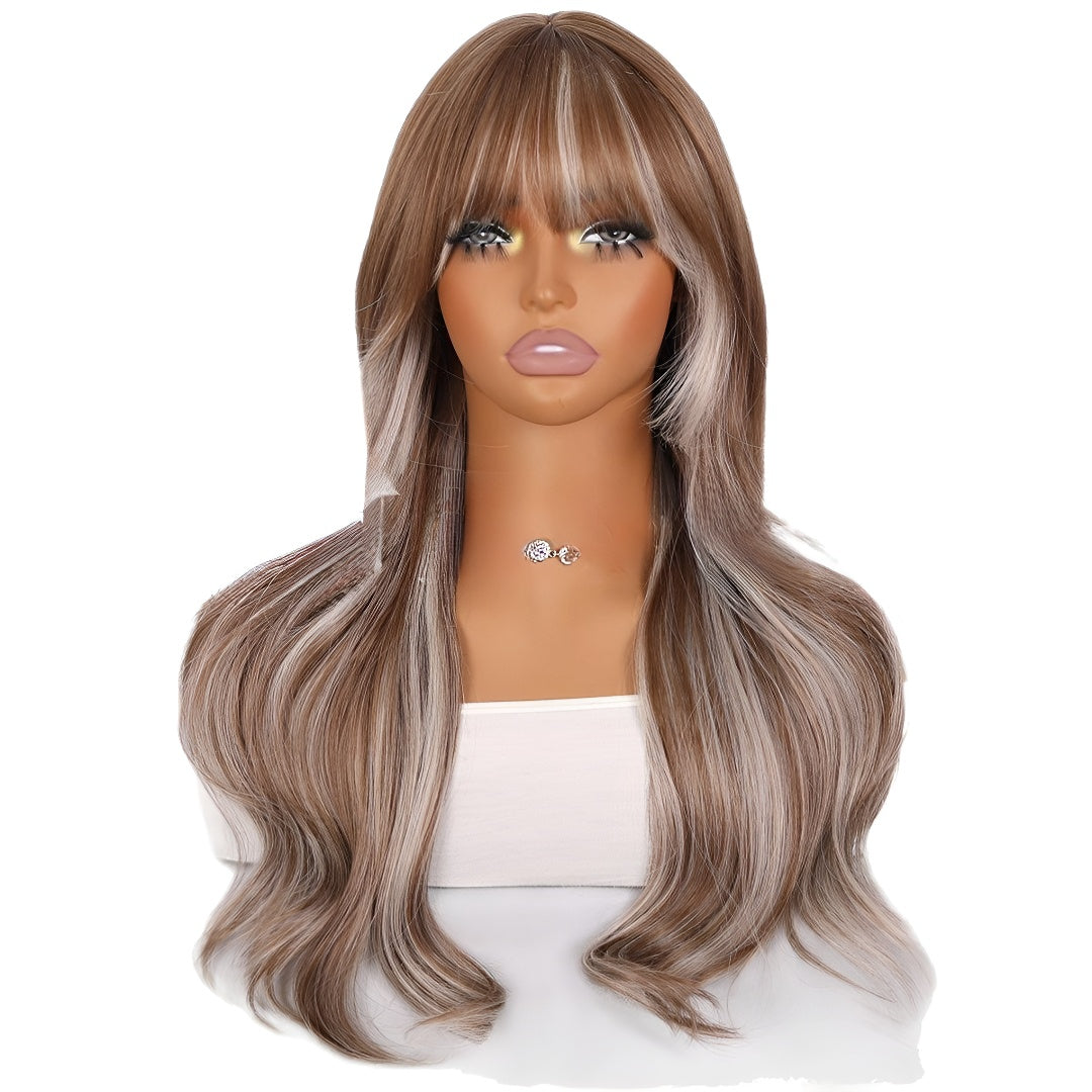 24inch Brown Blonde Highlights, with Bangs, Women's Wig, High-Temperature Fiber Wig, Voluminous and Dense