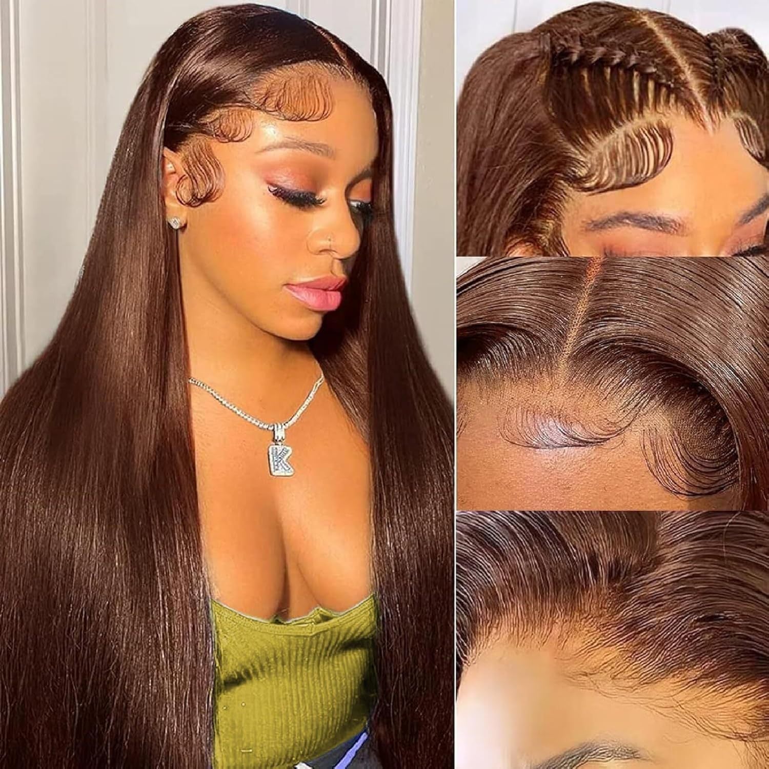 Front Lace Wig Real Human Hair Brown Long Straight Full Wig Hot Sale Model