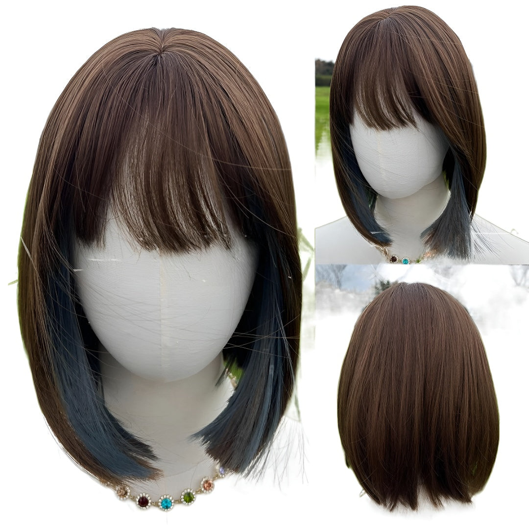 Women's Wig Elegant Black Short Hair with Blue Highlights and Ear-Drop Dyeing, Natural Bangs, Student Hair Quality