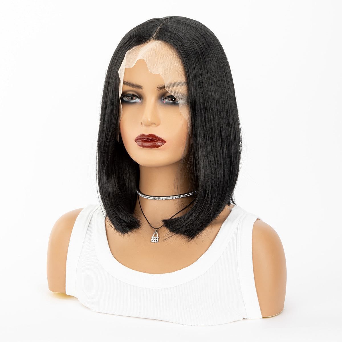 Women's Wig Middle Part Bobo Bob Black Short Straight Hair Front Lace Cap