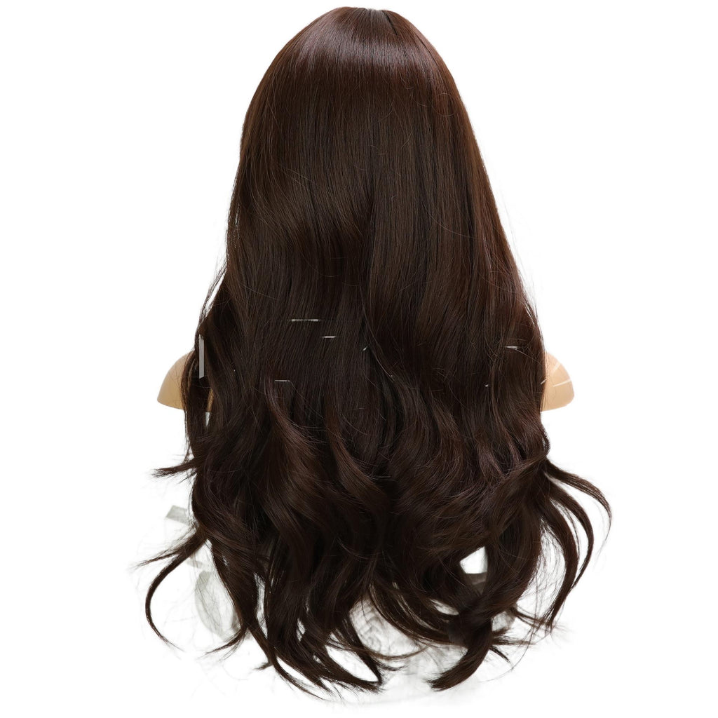 Gentle Temperament Wig for Women with Air Bangs, Long Curly Hair, Dark Brown, Brightening, Korean Style Full Wig