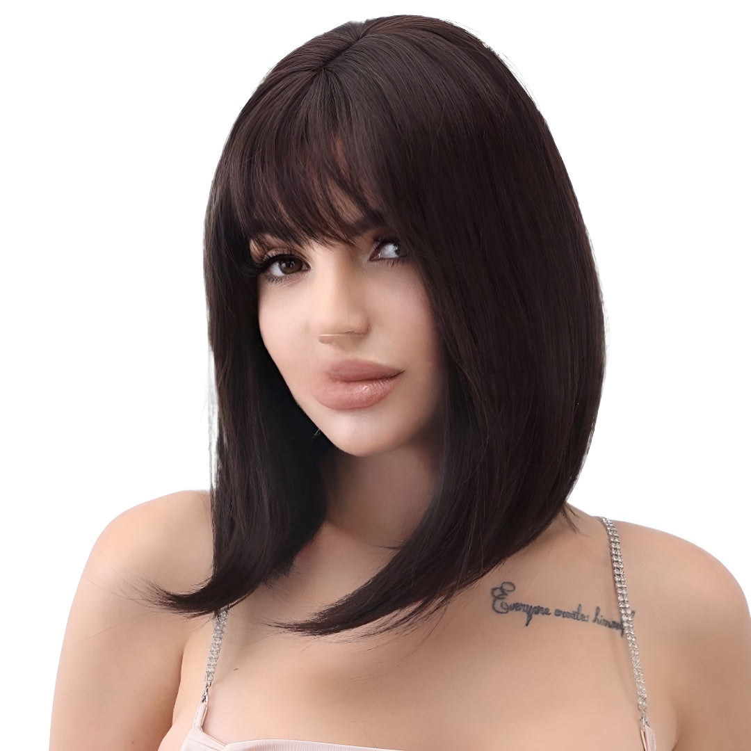 Hazelnut Warm Brown Wig 14inch Shoulder Length Bone Straight with Bangs Lazy Cushion Slight Curl