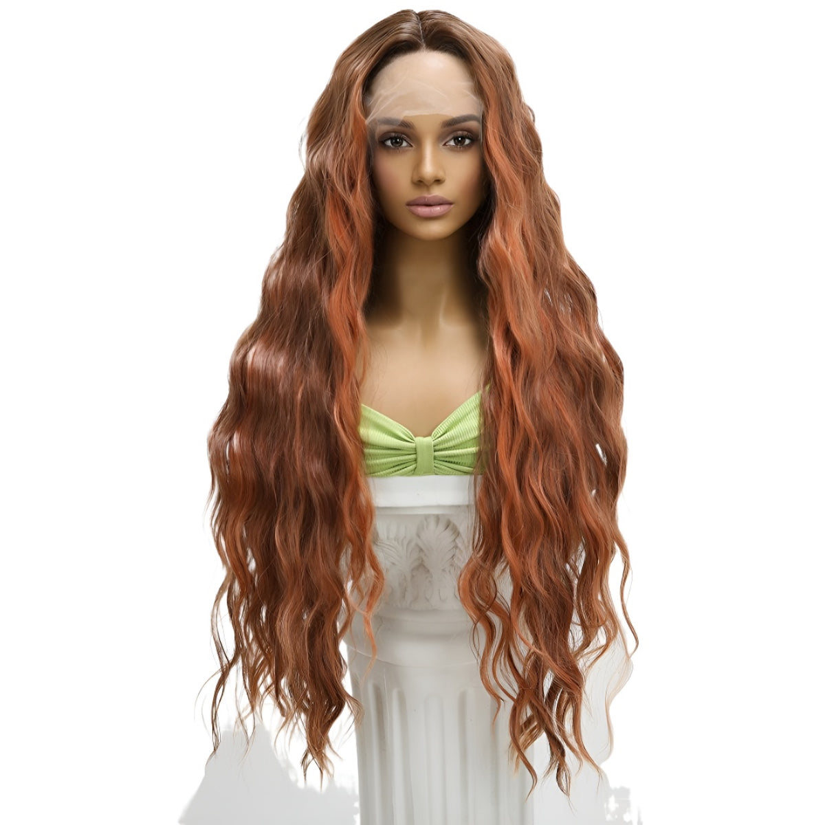 Hot-Selling Lace Front Wig Long Curly Hair Brown-Red Middle Part Wavy Natural