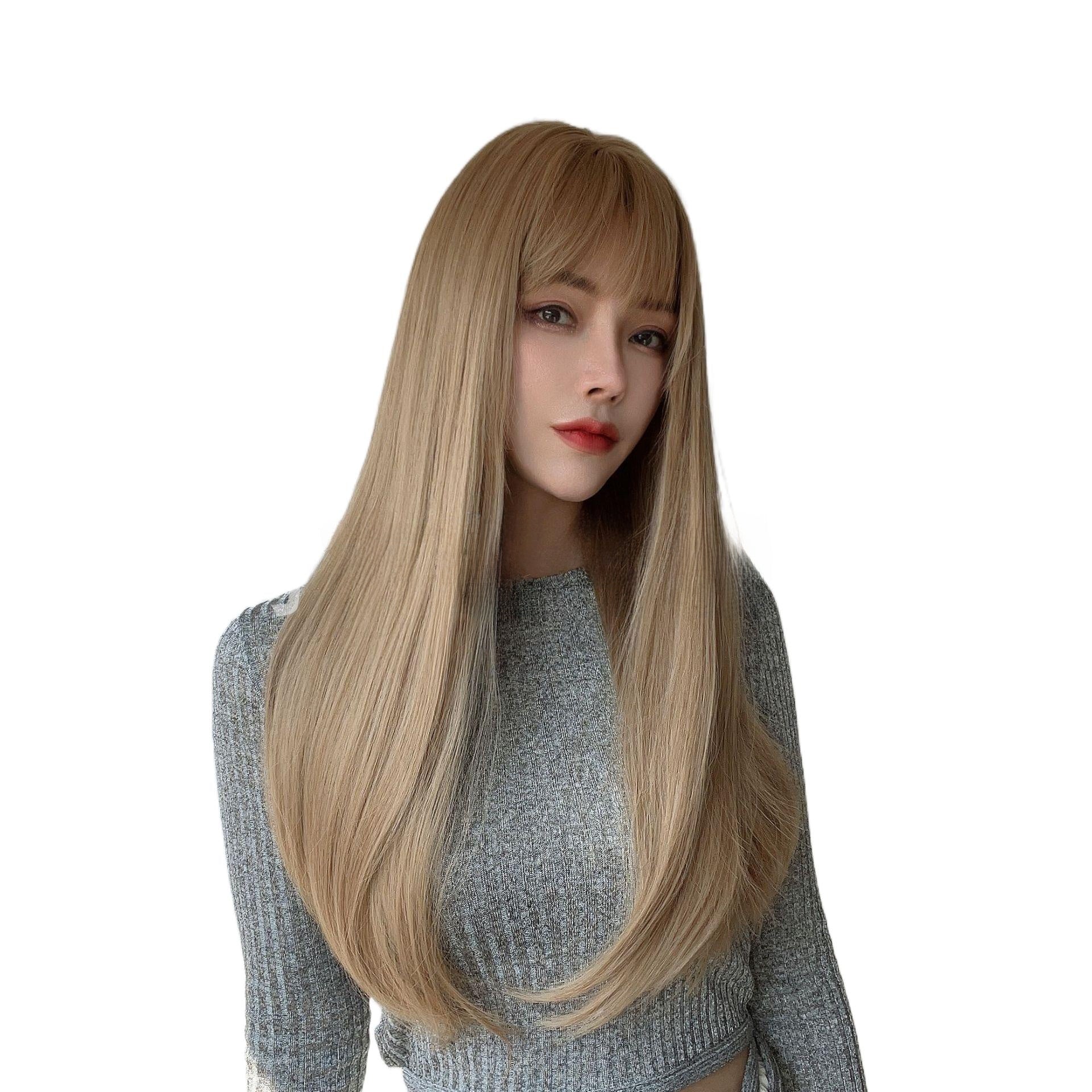 Hot-Selling Fashion Wig for Women with Bangs, Light Brown Long Straight Hair, High-Temperature Fiber Wig, Same-Day Delivery