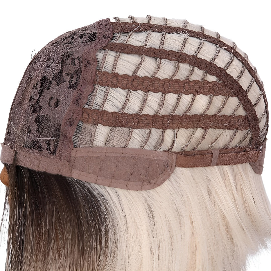 Fashion Platinum Blonde Highlight Bob Wig - Easy Care Synthetic Fiber Hair, Trendy Middle Part Style