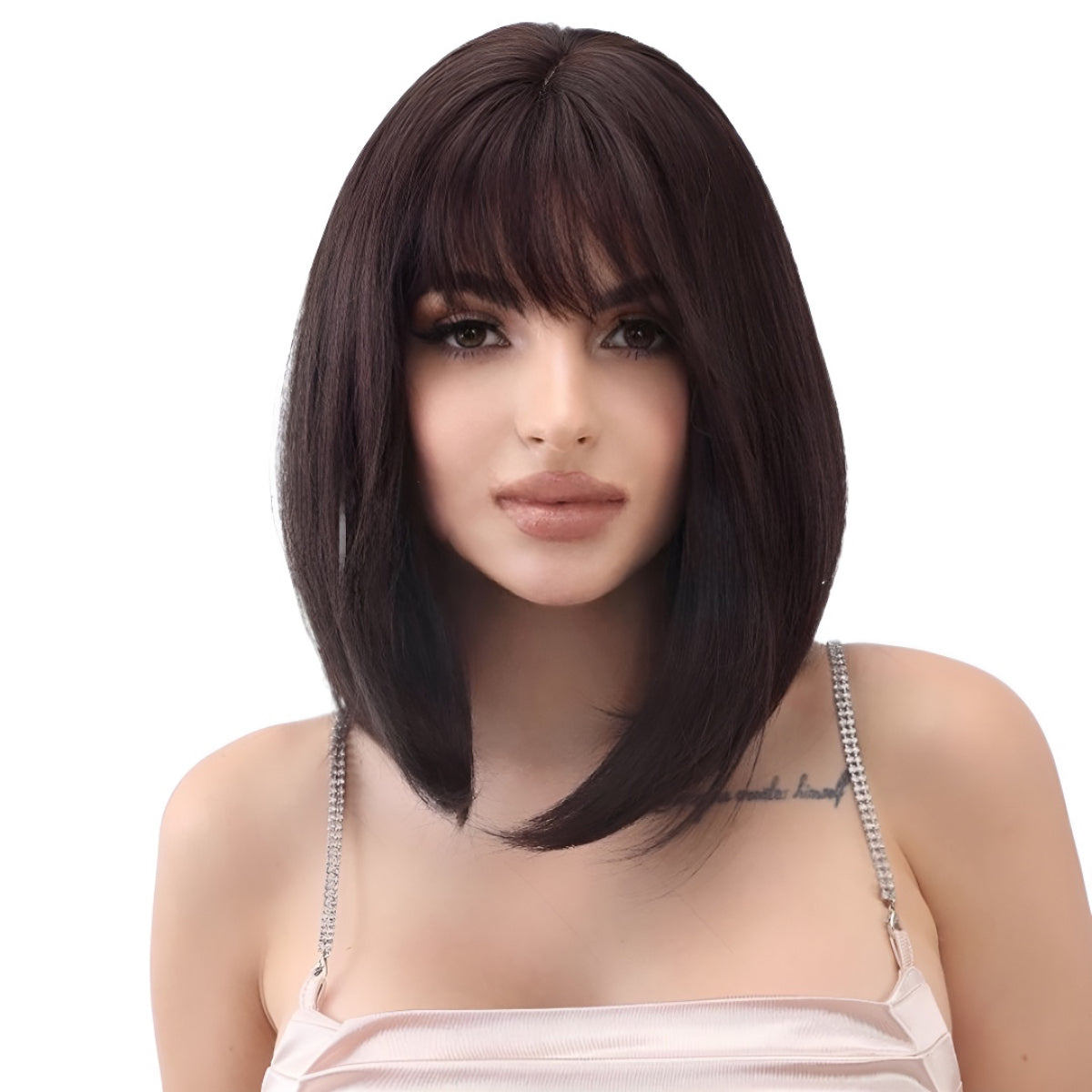 Hazelnut Warm Brown Wig 14inch Shoulder Length Bone Straight with Bangs Lazy Cushion Slight Curl