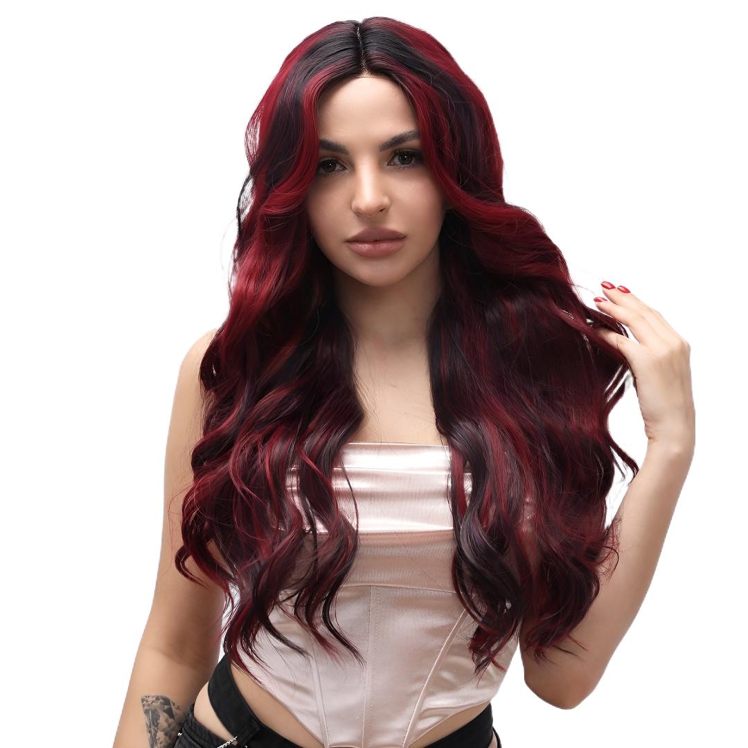 fashion wig T-shaped lace burgundy gradient wavy wig