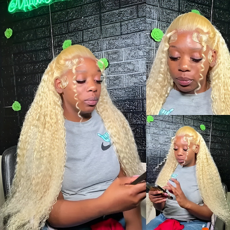 Front Lace Wig Women's Light Blonde Small Curly Wig Middle Part Fluffy Long Curly Wig Wig Set