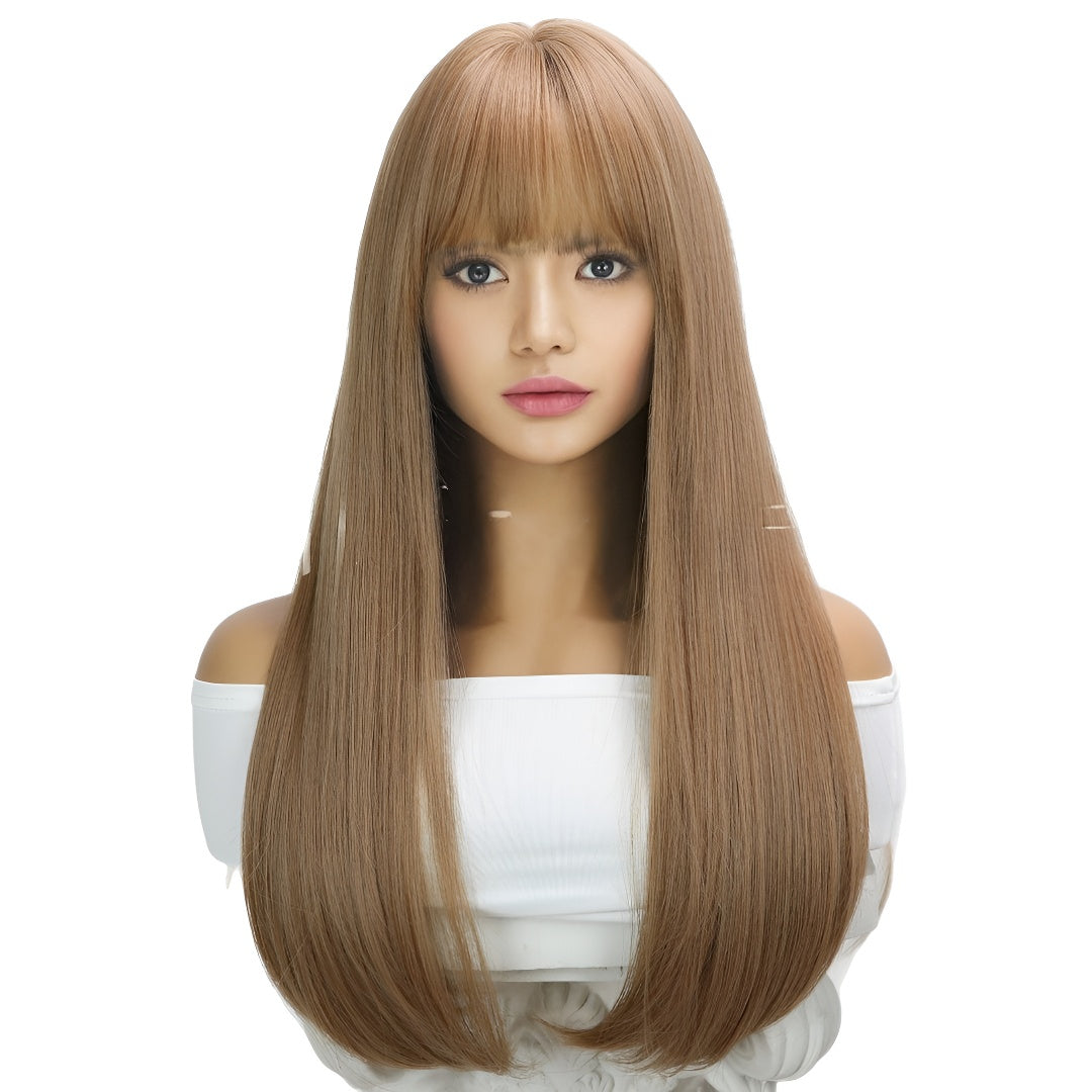 Hot-Selling Fashion Wig for Women with Bangs, Light Brown Long Straight Hair, High-Temperature Fiber Wig, Same-Day Delivery