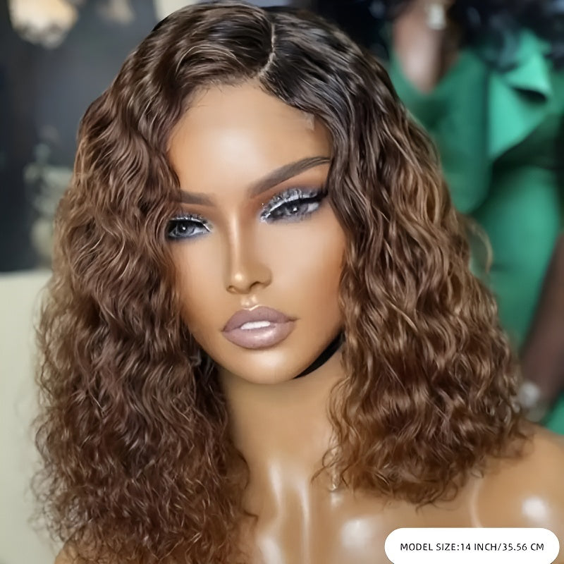 Side Part Gradient Brown Curly Wig for Women, Fluffy Realistic Hot New Front Lace Wig