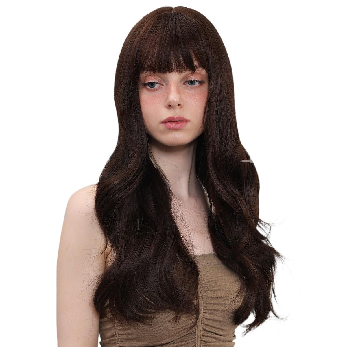 Gentle Temperament Wig for Women with Air Bangs, Long Curly Hair, Dark Brown, Brightening, Korean Style Full Wig