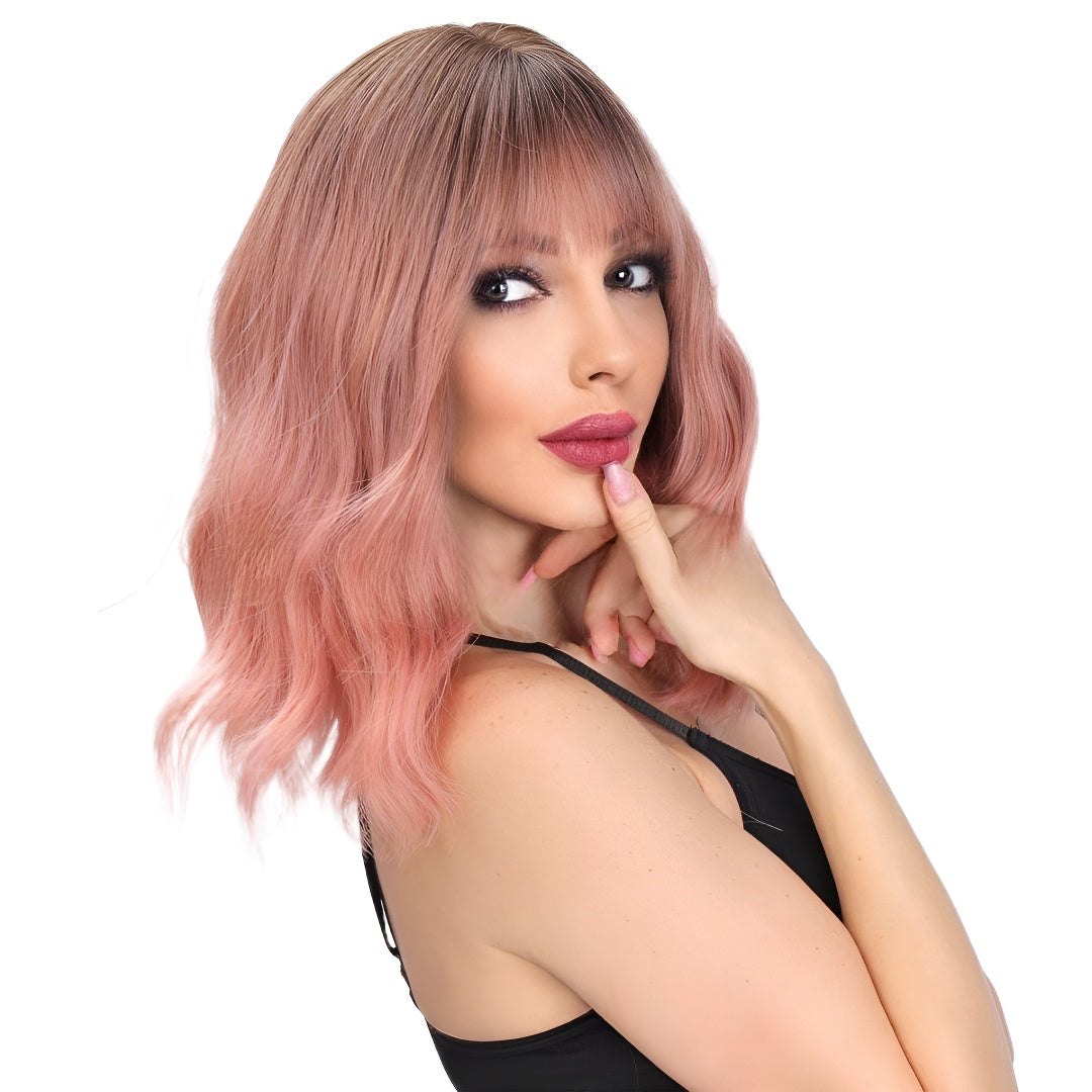 Fashion Wig Pink Short Hair Curly Slightly Curled Air Bangs