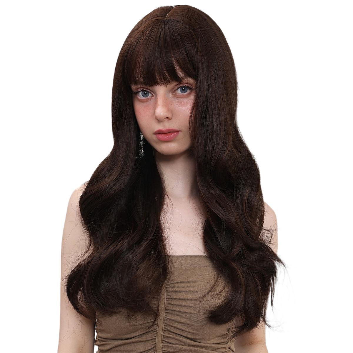 Gentle Temperament Wig for Women with Air Bangs, Long Curly Hair, Dark Brown, Brightening, Korean Style Full Wig