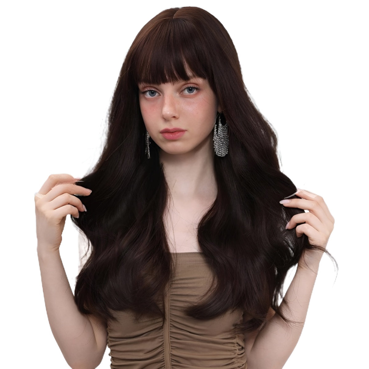 Gentle Temperament Wig for Women with Air Bangs, Long Curly Hair, Dark Brown, Brightening, Korean Style Full Wig