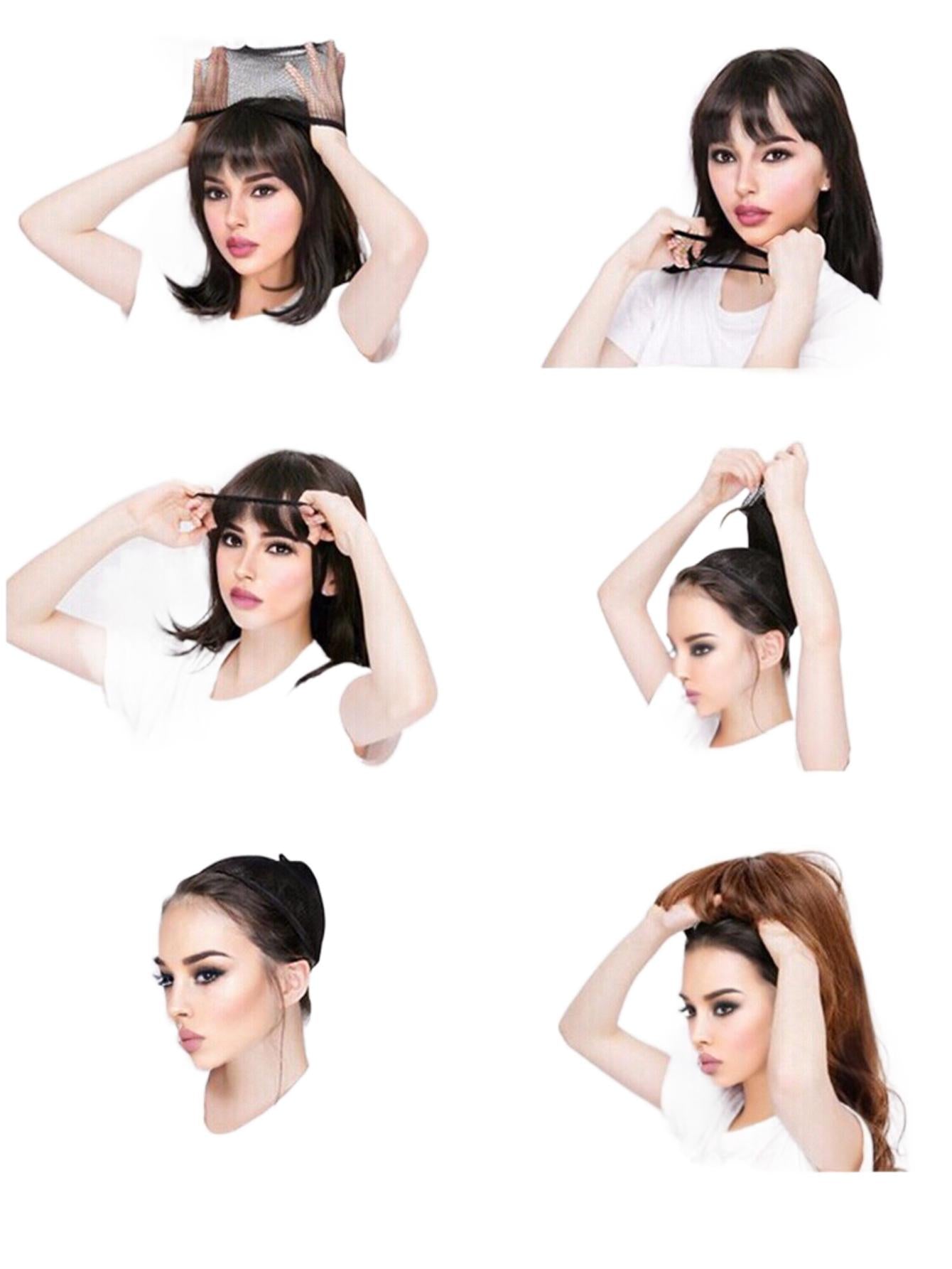 Women's Wig Elegant Black Short Hair with Blue Highlights and Ear-Drop Dyeing, Natural Bangs, Student Hair Quality