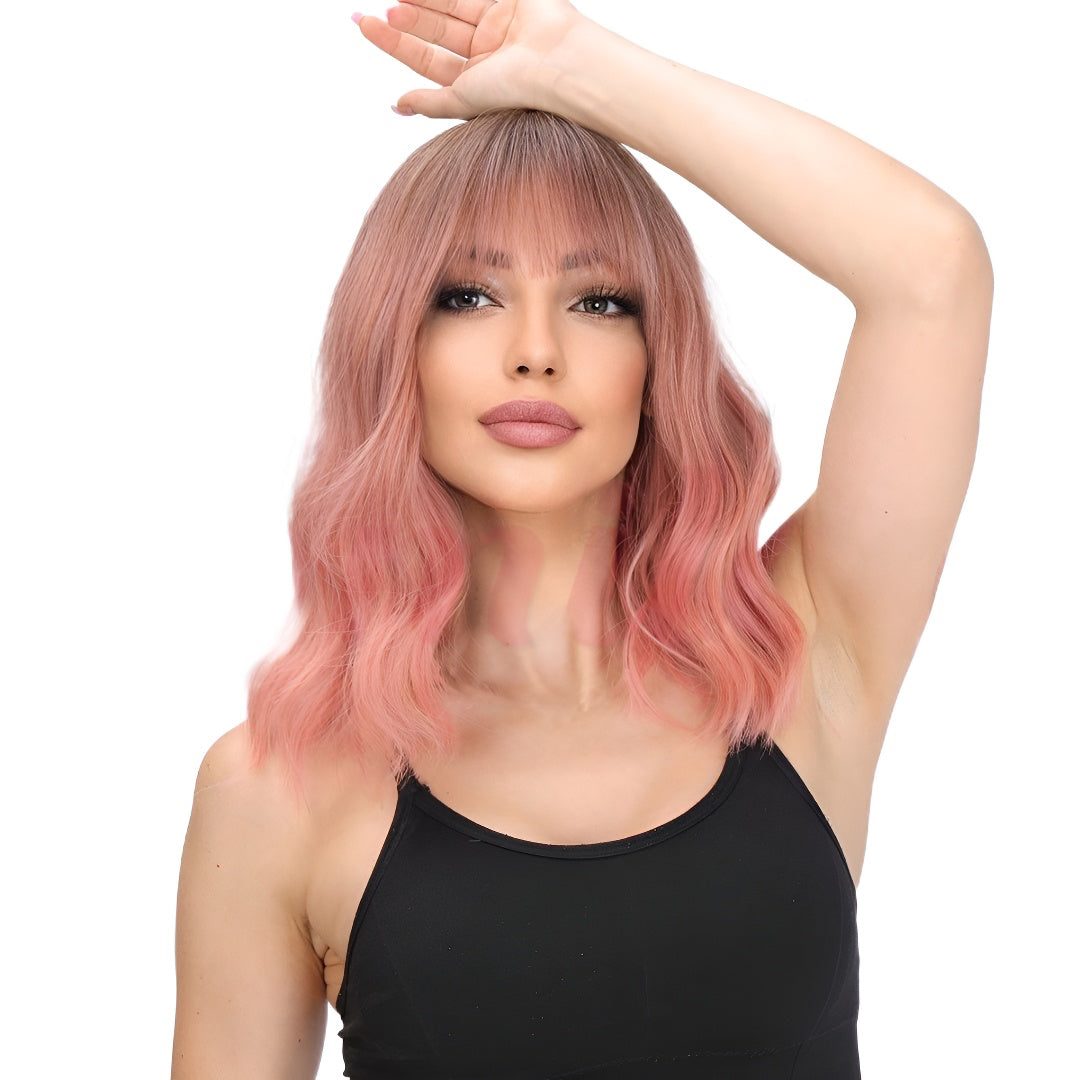 Fashion Wig Pink Short Hair Curly Slightly Curled Air Bangs