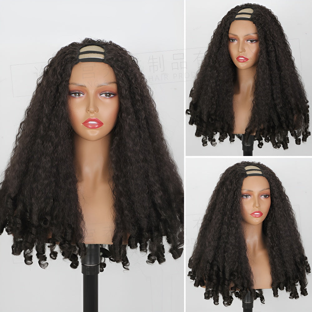 Black Fluffy U-Shaped Yaki Screw Curl Long Curly Hair Clip Half Wig for Women