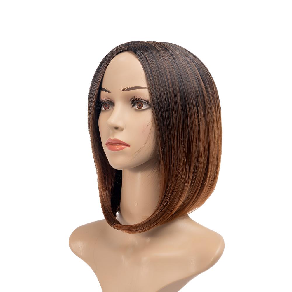 New Fashion Women's Short Straight Hair Middle Part Bangs Bobo Gradient Wig Synthetic Human Hair Look