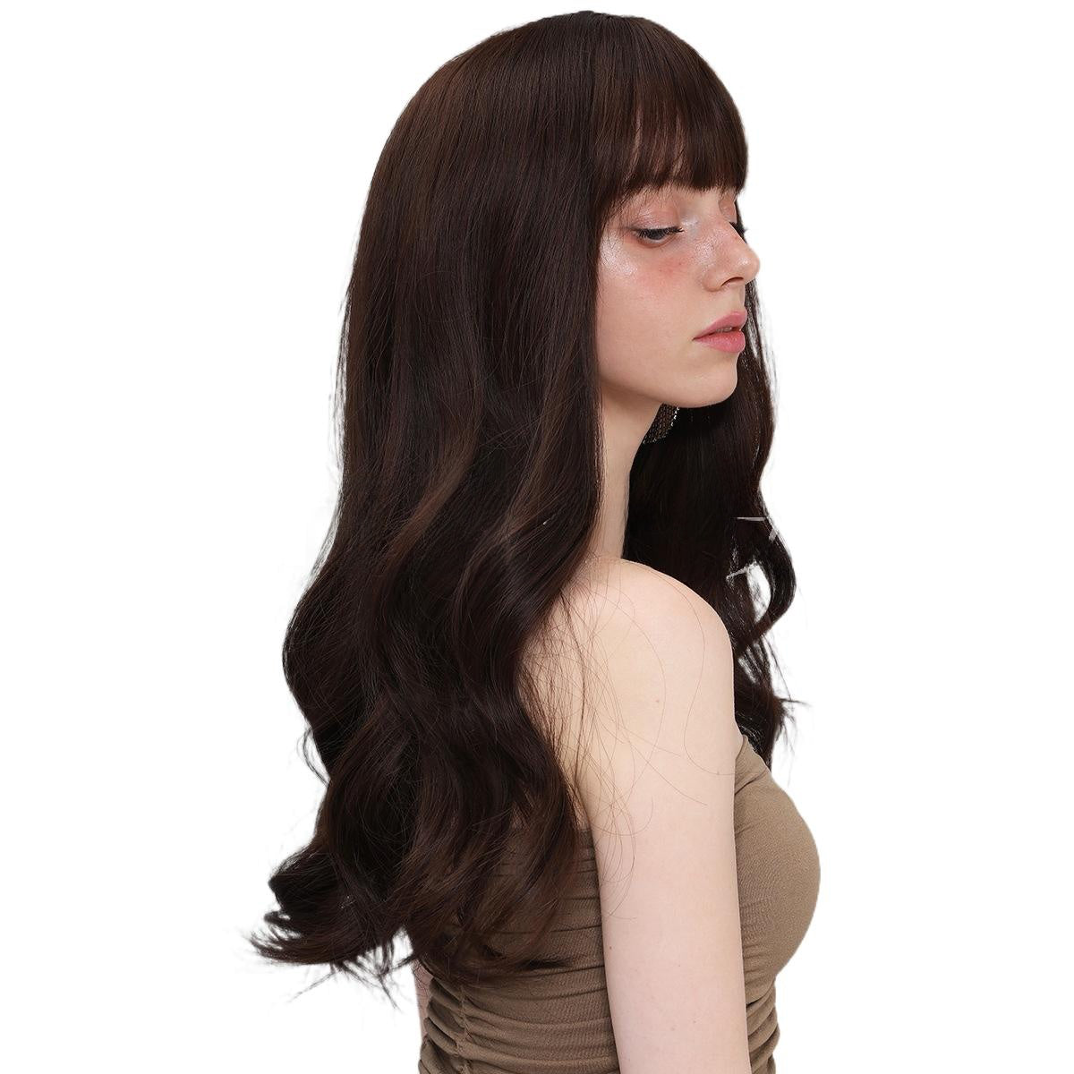 Gentle Temperament Wig for Women with Air Bangs, Long Curly Hair, Dark Brown, Brightening, Korean Style Full Wig