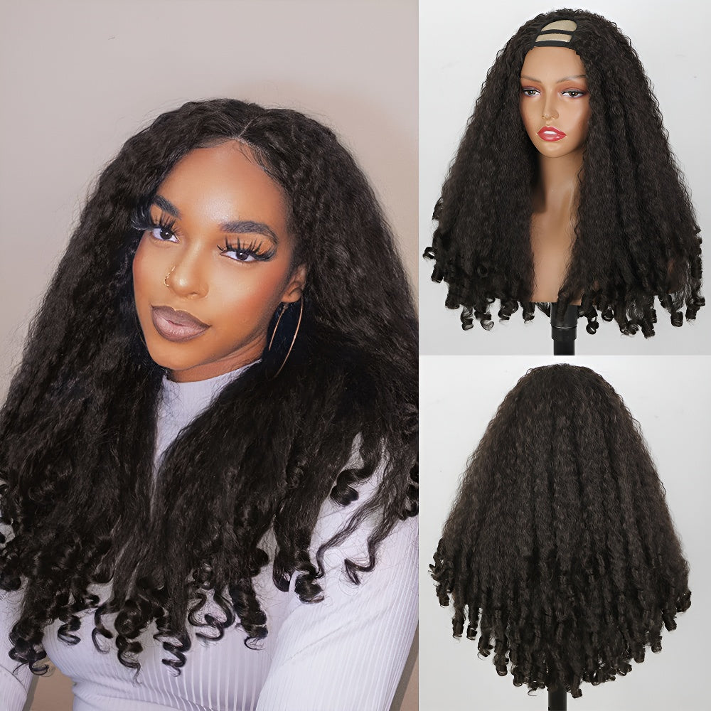 Black Fluffy U-Shaped Yaki Screw Curl Long Curly Hair Clip Half Wig for Women