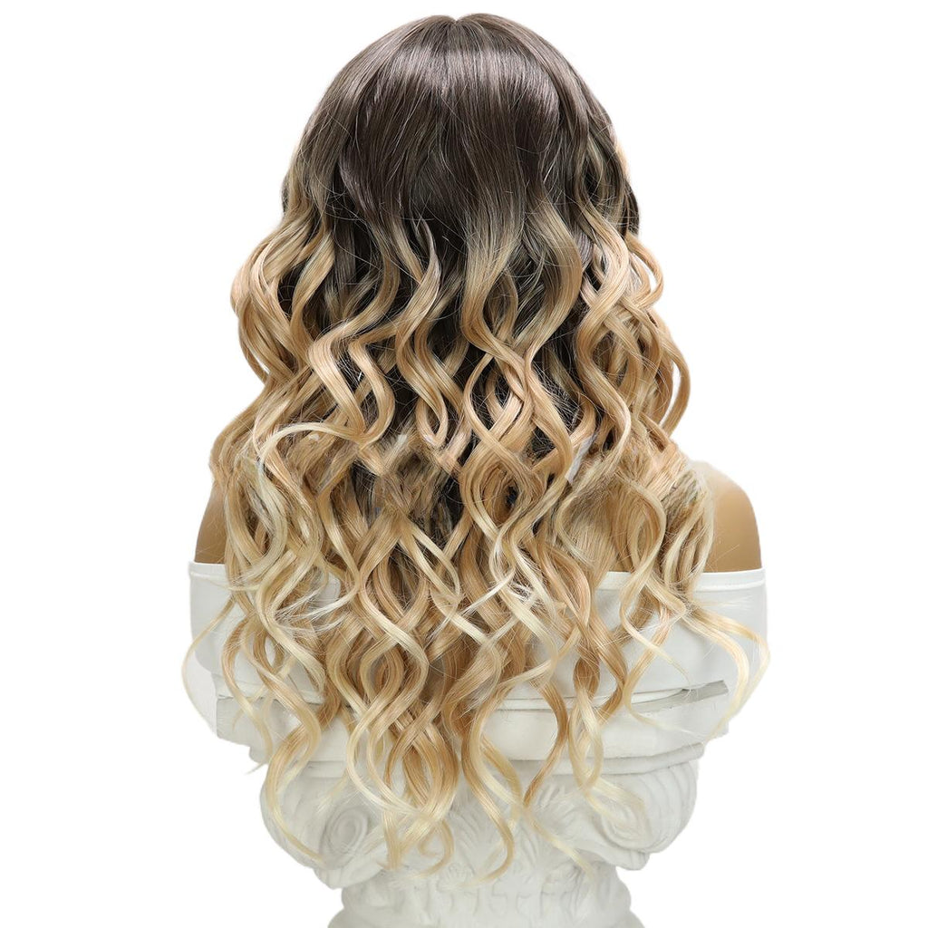 Fashion Wig Brown Gradient Highlight Curly Hair T Part Front Lace High-Quality Wig