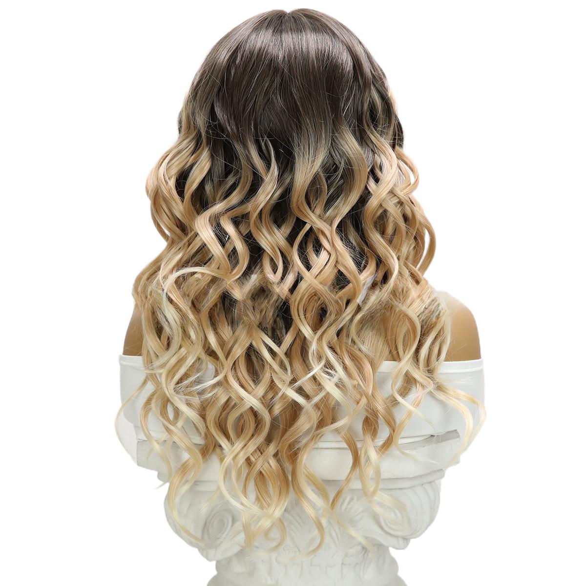Fashion Wig Brown Gradient Highlight Curly Hair T Part Front Lace High-Quality Wig