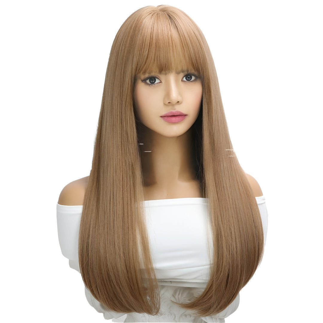 Hot-Selling Fashion Wig for Women with Bangs, Light Brown Long Straight Hair, High-Temperature Fiber Wig, Same-Day Delivery