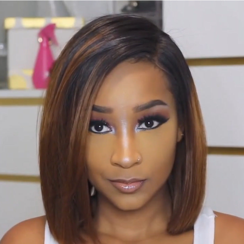 New Fashion Women's Short Straight Hair Middle Part Bangs Bobo Gradient Wig Synthetic Human Hair Look