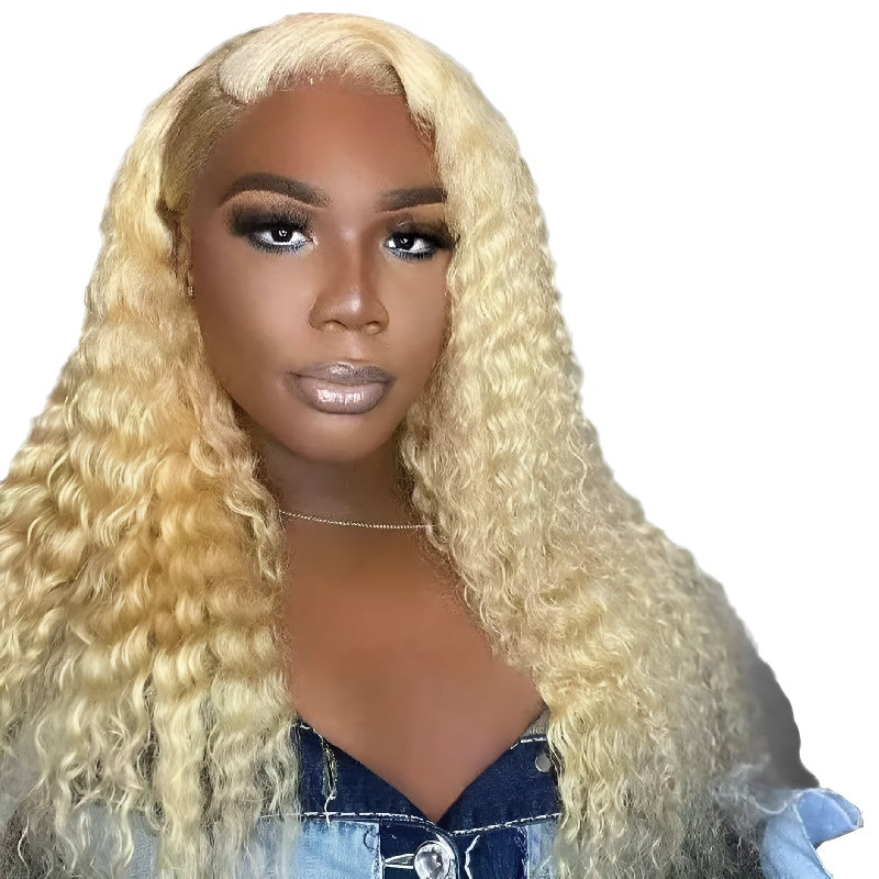 Front Lace Wig Women's Light Blonde Small Curly Wig Middle Part Fluffy Long Curly Wig Wig Set