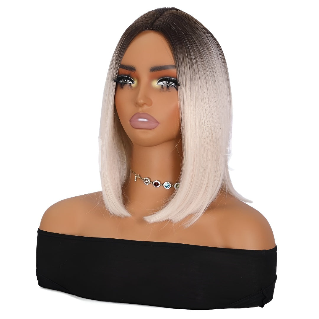 Fashion Platinum Blonde Highlight Bob Wig - Easy Care Synthetic Fiber Hair, Trendy Middle Part Style