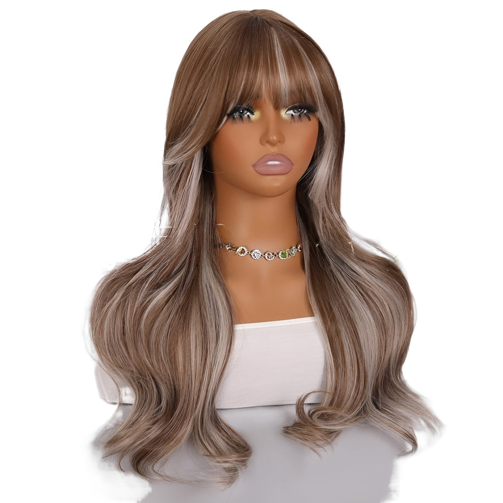 24inch Brown Blonde Highlights, with Bangs, Women's Wig, High-Temperature Fiber Wig, Voluminous and Dense