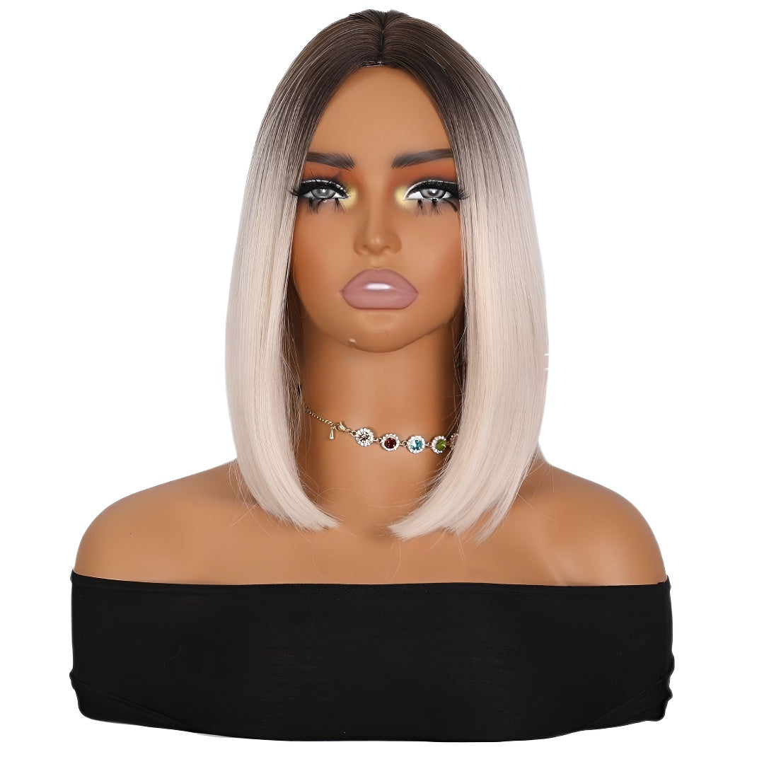 Fashion Platinum Blonde Highlight Bob Wig - Easy Care Synthetic Fiber Hair, Trendy Middle Part Style