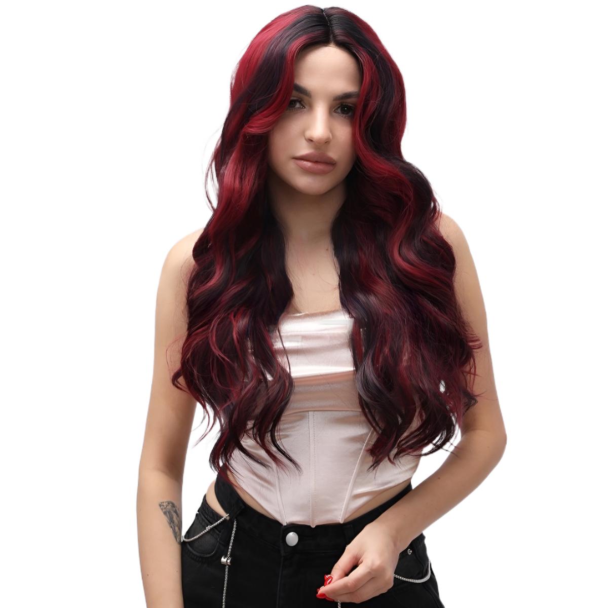 fashion wig T-shaped lace burgundy gradient wavy wig