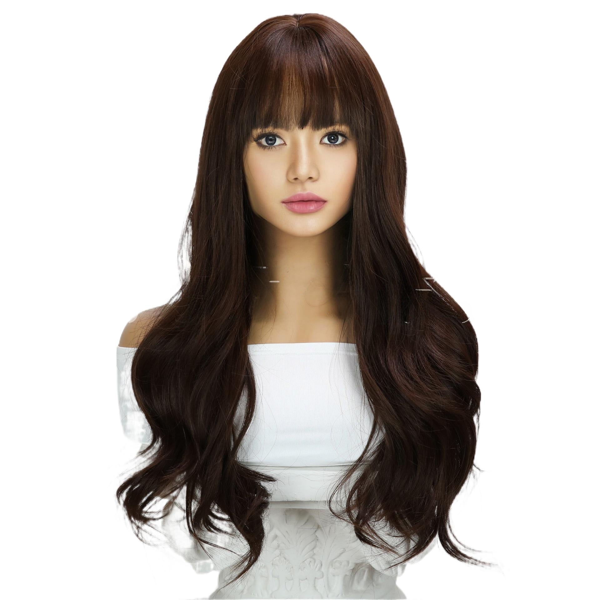 Gentle Temperament Wig for Women with Air Bangs, Long Curly Hair, Dark Brown, Brightening, Korean Style Full Wig